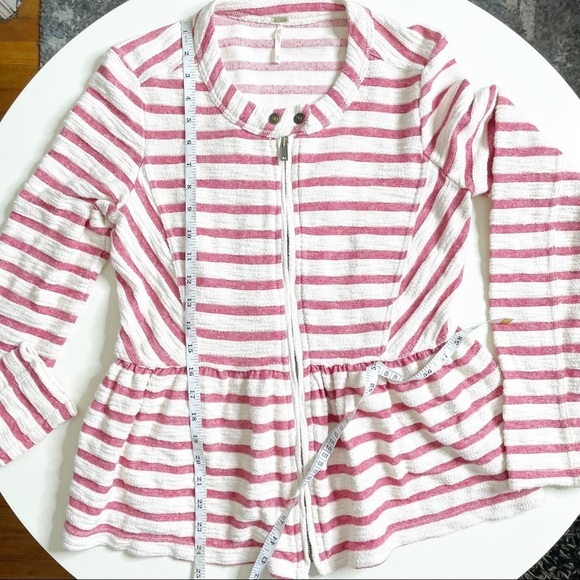 Free People Stripe Peplum Zip Up Crewneck Jacket Cream Red Size XS - Picture 2 of 8